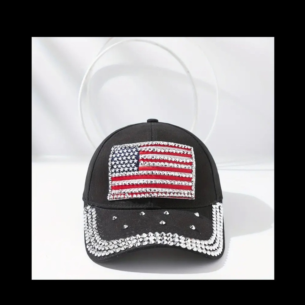 Black Cap with American Flag and Rhinestones, NEW, Blinged Out